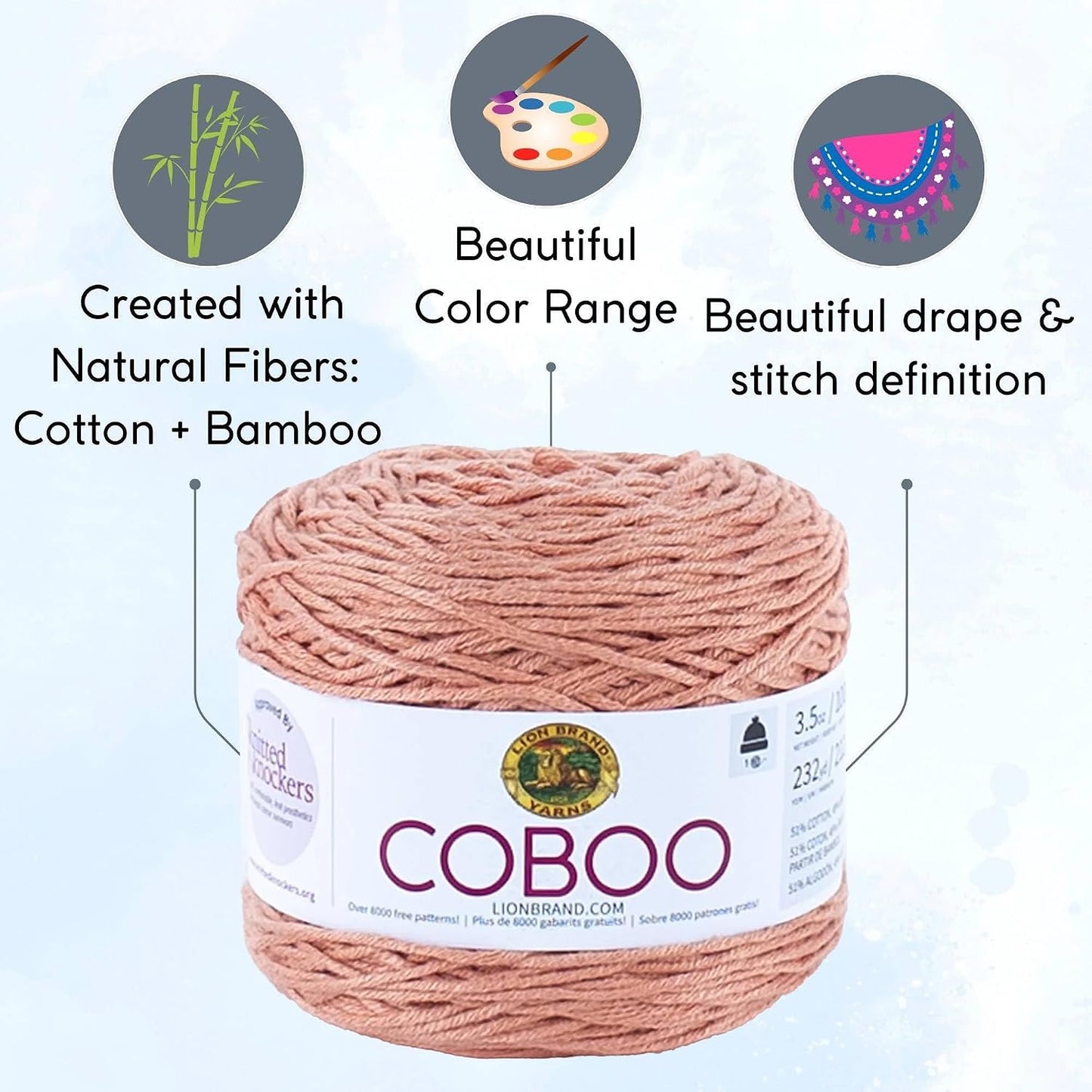 Lion Brand Coboo Peach 835-184 (3-Skeins - Same Dye Lot) DK Light Worsted #3 Cotton, Bamboo Yarn for Crocheting and Knitting with Project Bag