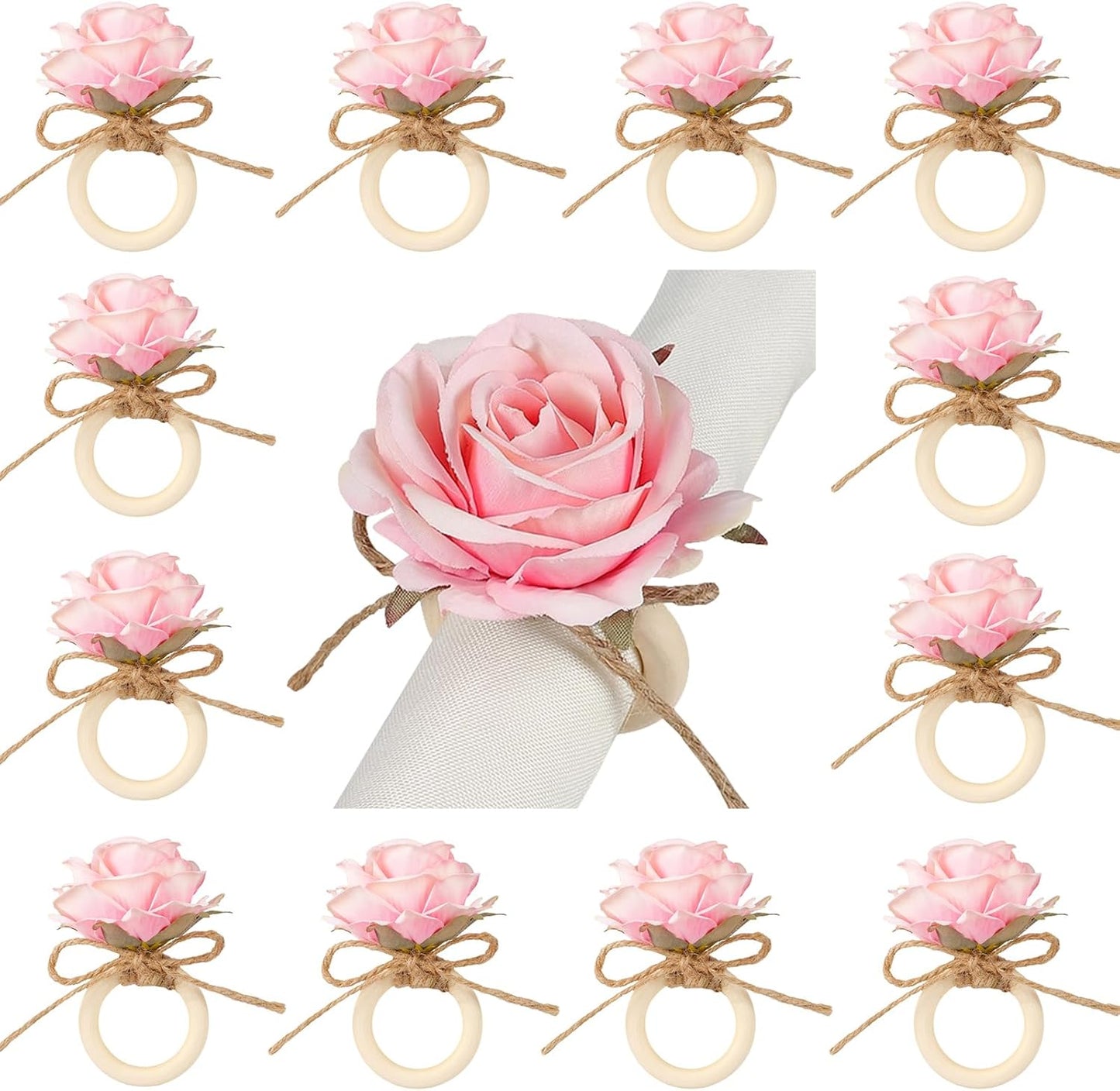 Flower Napkin Rings,24Pcs Floral Napkin Holders Wood Ring Buckles for Wedding Bridal Shower Thanksgiving Day Party Dinner Table Decoration (Pink)