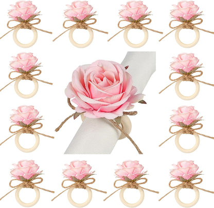 Flower Napkin Rings,24Pcs Floral Napkin Holders Wood Ring Buckles for Wedding Bridal Shower Thanksgiving Day Party Dinner Table Decoration (Pink)