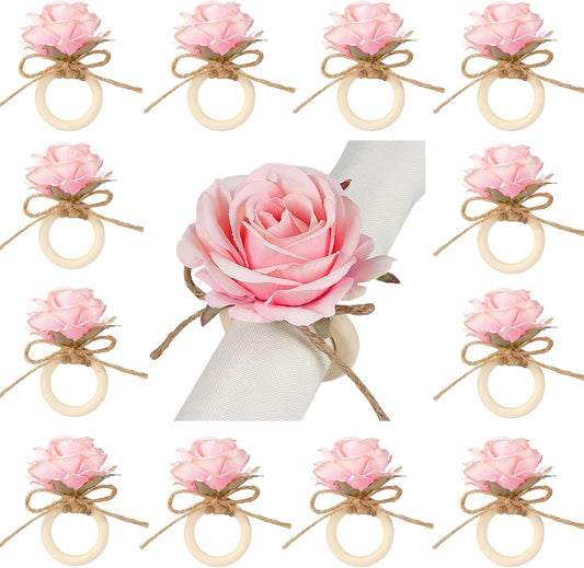 Flower Napkin Rings,24Pcs Floral Napkin Holders Wood Ring Buckles for Wedding Bridal Shower Thanksgiving Day Party Dinner Table Decoration (Pink)