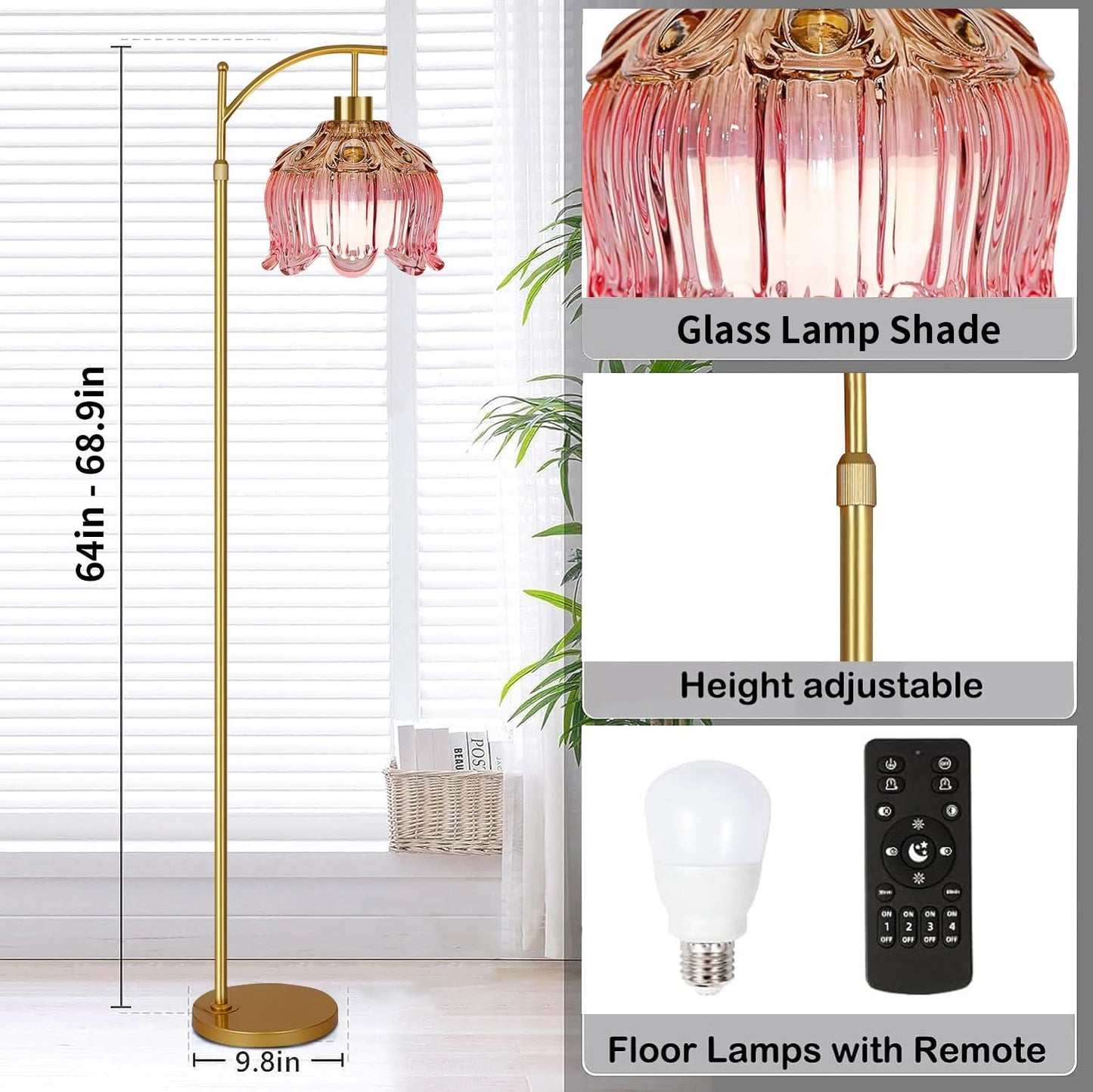 QIYIZM Pink Floor Lamp for Living Room,Bedroom,Gold Dimmable Standing Lamp with Remote,Mid Century Modern Brass Tall Lamp Boho Floor Lamps Arc Stained Glass Flower Floor Light Lamp Girls kids Bohemian