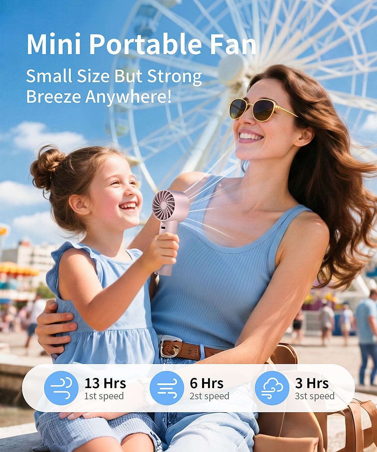 Mini Portable Fan, 3 Speed Handheld Fan with Desktop Base, USB Rechargeable [13H Max Cooling Time], Small Personal Hand Fan Travel Essentials for Women Girls Kids Lash Makeup, Pink