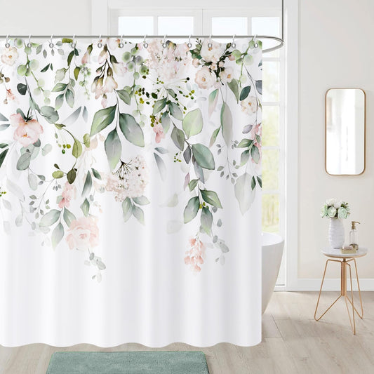 Spring Shower Curtain, Sage Green Eucalyptus Leaf Pink Watercolor Floral Botanical Plants Bathroom Curtain Waterproof Fabric Machine Washable with Hooks, 72" Wx72 L
