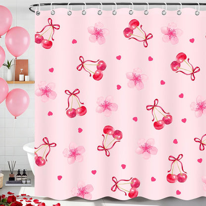 Cherry Shower Curtain, Pink Shower Curtain with Floral Heart Cherry Decoration, 71x71 Inches Waterproof Fabric Bathtub Curtains for Girls Kids Bathroom Decor