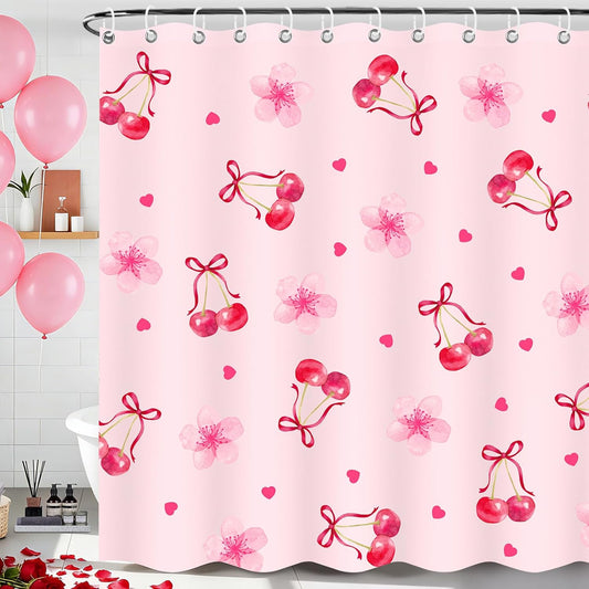 Cherry Shower Curtain, Pink Shower Curtain with Floral Heart Cherry Decoration, 71x71 Inches Waterproof Fabric Bathtub Curtains for Girls Kids Bathroom Decor