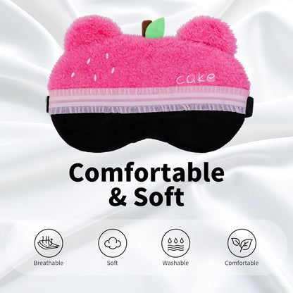PERFECTSIGHT Sleep Eye Masks, Cute Bear Plush Sleep Eye Cover Lightweight Adjustable Eyeshade Faux Fur Mask Cover for Women Men Kids Sleep Travel Nap, Rose Pink Cake