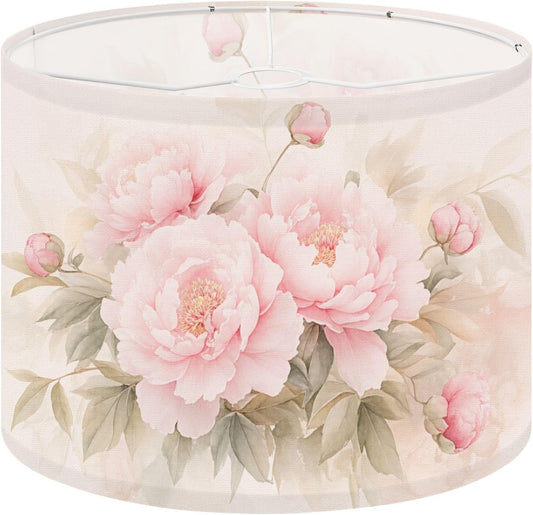 Drum Lamp Shades 1 Pack Easy Assembly Required, 13’’ W x 10’’ H Soft Pastel Peonies Floral Blush Pink Flowers Vintage Replacement Linen Lamp Shade for Table Lamps Floor Lamps