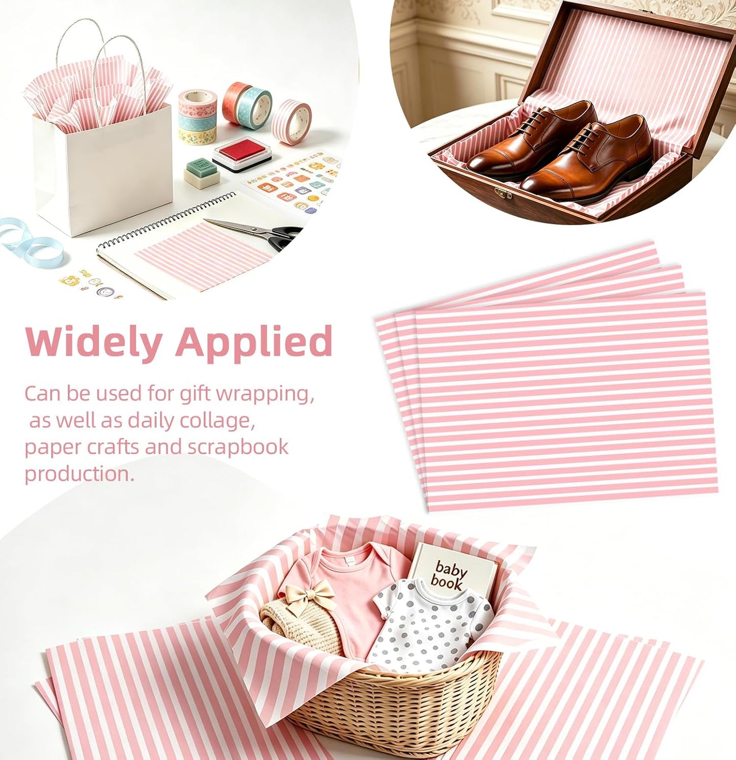 MUNILAIL 100 Sheets Light Pink Striped Tissue Paper 14 x 20 Inches Pink and White Tissue Paper Striped Gift Wrapping Paper for Birthday Wedding Baby Shower Gift Packing DIY Crafts