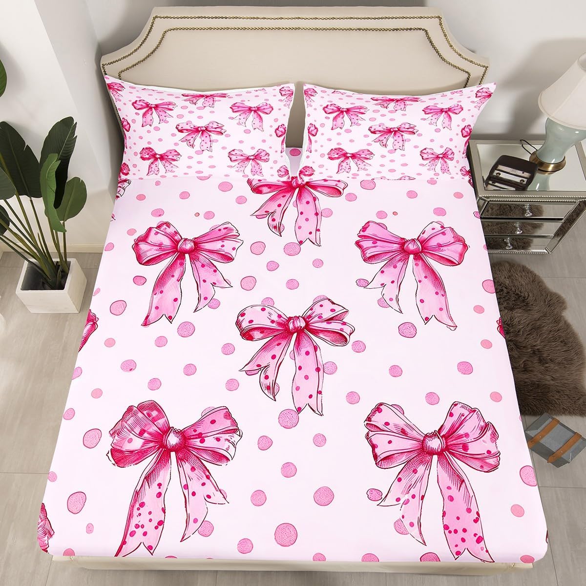 Erosebridal Pink Princess Bow Bed Sheets Full Cute Coquette Bowknot Sheet Set Kawaii Ribbon Bow Bedding Set for Kids Girls Teen,Pink Watercolor Polka Dot Fitted Flat Sheets 4 Piece