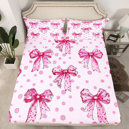 Erosebridal Pink Princess Bow Fitted Sheet Twin Cute Coquette Bowknot Bed Sheets Kawaii Ribbon Bow Bedding Set for Kids Girls Teen Women,Pink Watercolor Polka Dot Bed Cover 2 Pcs