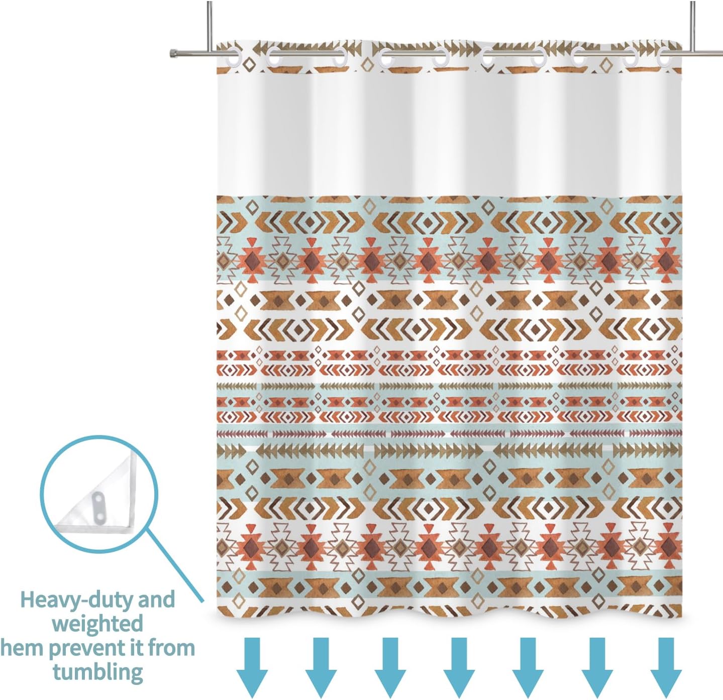 Boho Shower Curtain with Snap in Liner No Hook Mid Century Abstract Curtains for Bathroom Decorations Arch Sun Palm Leaf Waterproof Fabric Bath Accessories Washable 71x74 Inch