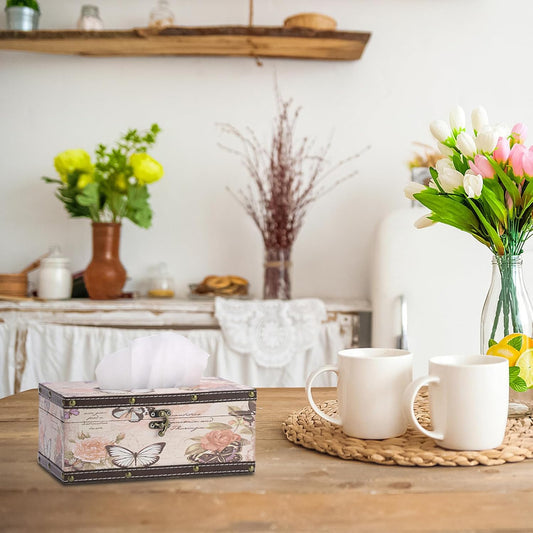 Vintage Tissue Box Cover, Wood Rectangular Tissue Box Holder, Decorative Butterflies Faux Leather Tissue Holders for Table Bathroom Living Room Kitchen Office Car Home Decor, Distressed Pink