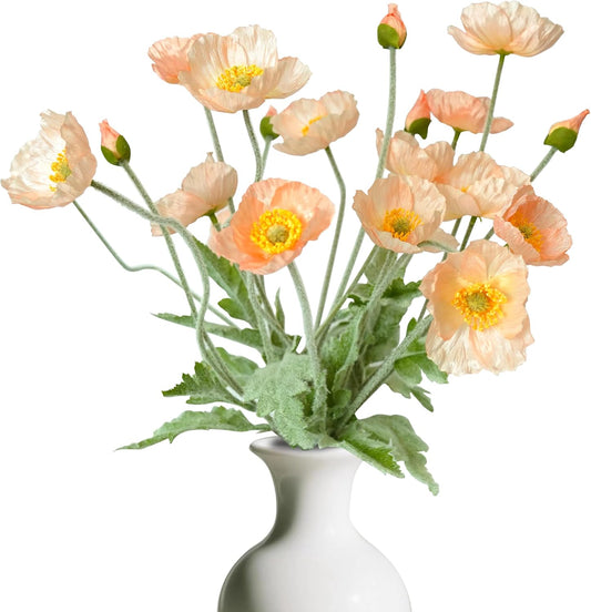 Artificial Poppy Flowers, 5 Bundles Faux Poppies with Stems for Floral Arrangements - Wedding, Home, Office, Party Table Centerpiece Decor (Light Peach)
