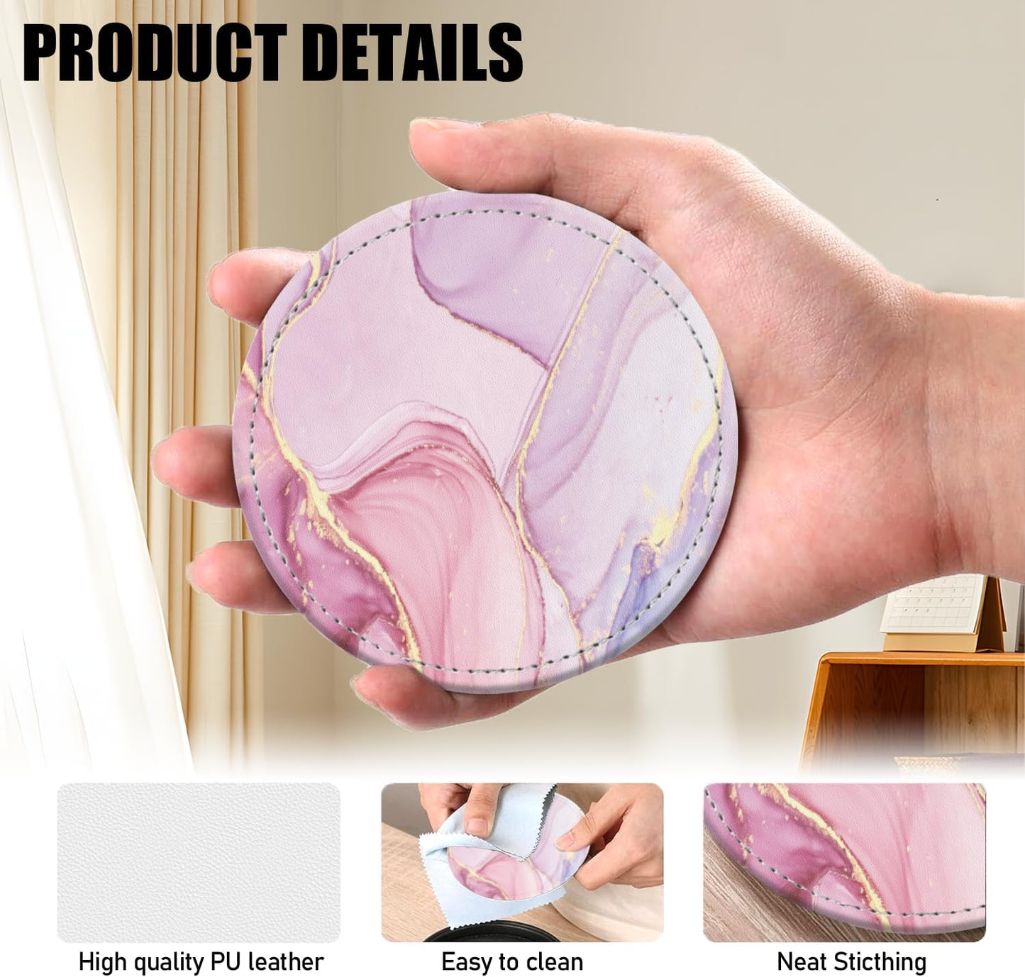 Coasters for Drinks PU Leather,Set of 6 with Holder,Round Housewarming Gift Home Decor,Pink and Golden Marble
