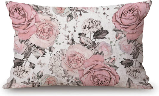 Solekla 20x12 Inch Pillow Cover Rustic Farmhouse Decor Pink Flowers and Leaves Pillowcases Cotton Linen Watercolor Floral Throw Pillow Case Cushion Cover for Sofa Couch Bedroom