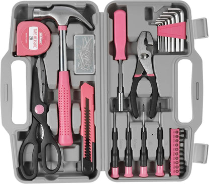 34-Piece Household Tools Kit, Household Tool Set General Repair Small Hand Tool Kit in Toolbox Storage Case, Household Tool Set for Women, Girls and Ladies, Pink, Mini Tool Box Set for Dorm