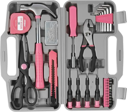 34-Piece Household Tools Kit, Household Tool Set General Repair Small Hand Tool Kit in Toolbox Storage Case, Household Tool Set for Women, Girls and Ladies, Pink, Mini Tool Box Set for Dorm
