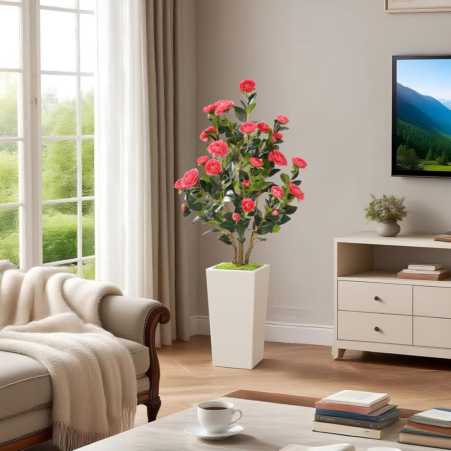 Romantic Season 4FT Artificial Camellia Tree with White Tall Planter, Pink Faux Camellia Plant Flower Tree for Modern Home Office Living Room Floor Décor Outdoor Indoor，Pink