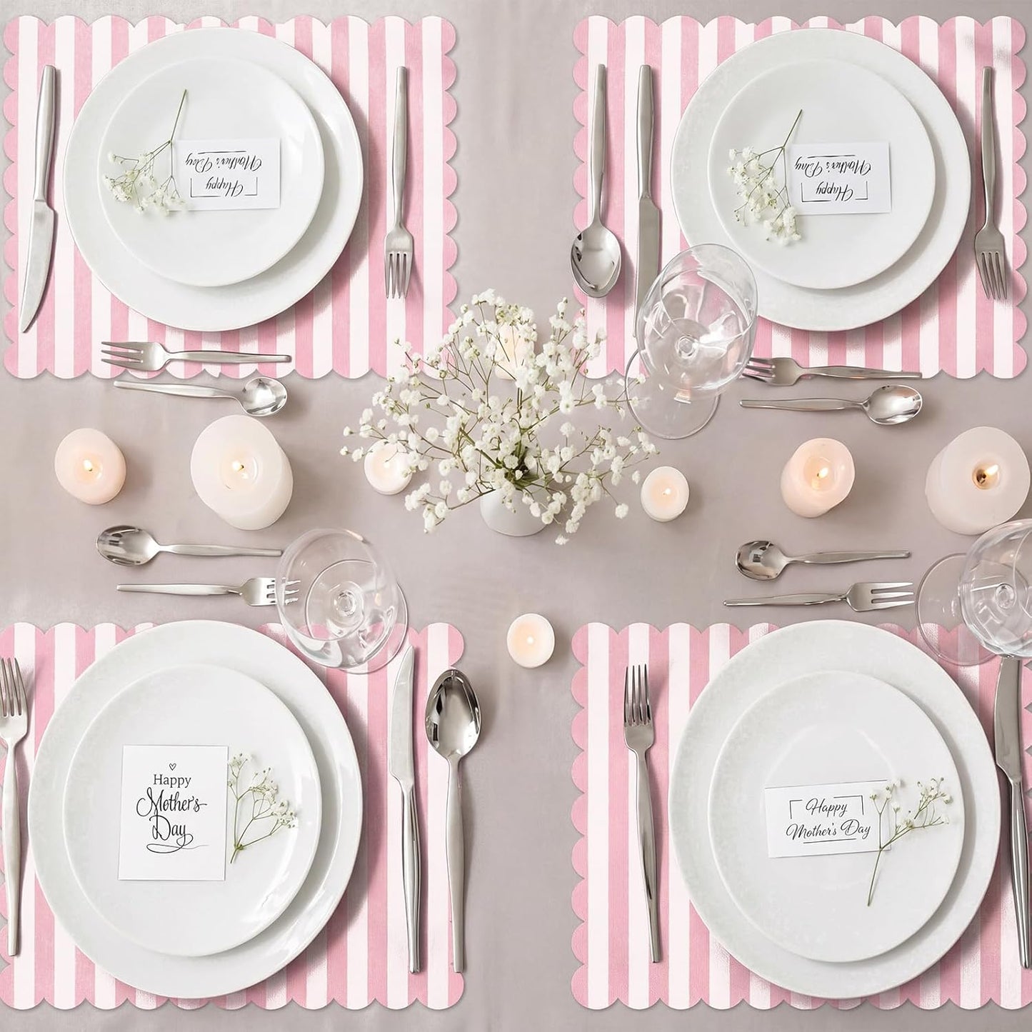 Tinlade 100 Pcs Pink and White Striped Paper Placemats 14 x 10 Inch Scalloped Pink Paper Placemat Disposable Table Place Mats for Wedding Bridal Shower Beach Party Home Table Kitchen Decoration