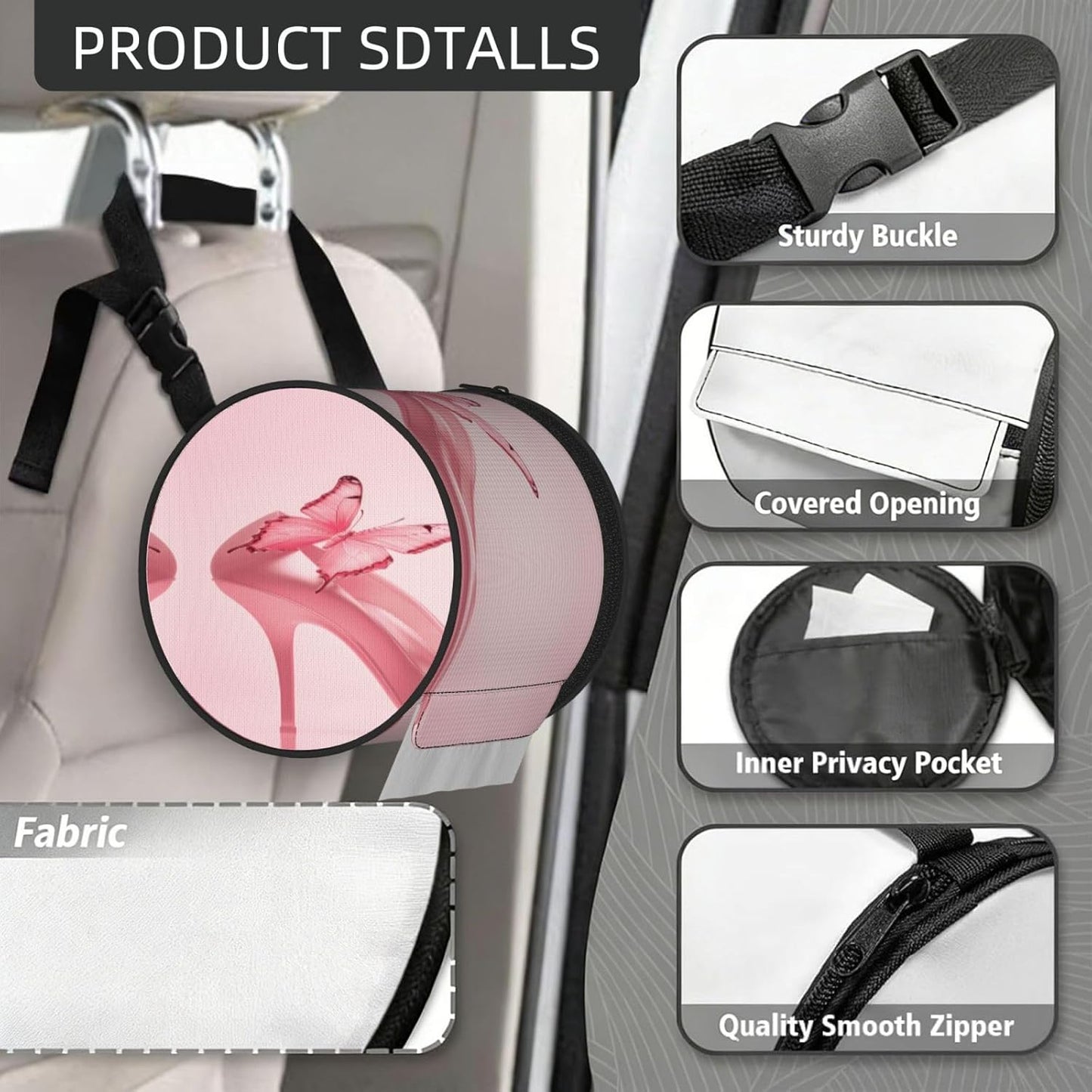 Oxford Cylinder Tissue Holder, Round Tissue Container Pink High Heels Shoes Butterfly - 6.3''X6.3'' Portable Toilet Paper Roll Cover Tissue Box for Home Car Camping Office Travel