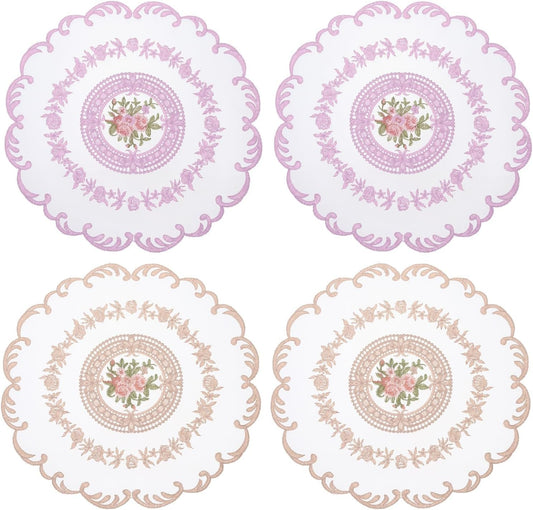 uxcell 4Pcs Retro Lace Placemats, 12.6" Vintage Table Doilies Dining Table Place Mats Lace Embroidered Place Mats French Crochet Doilies for Wedding Home Kitchen Decoration, Pink/Purple