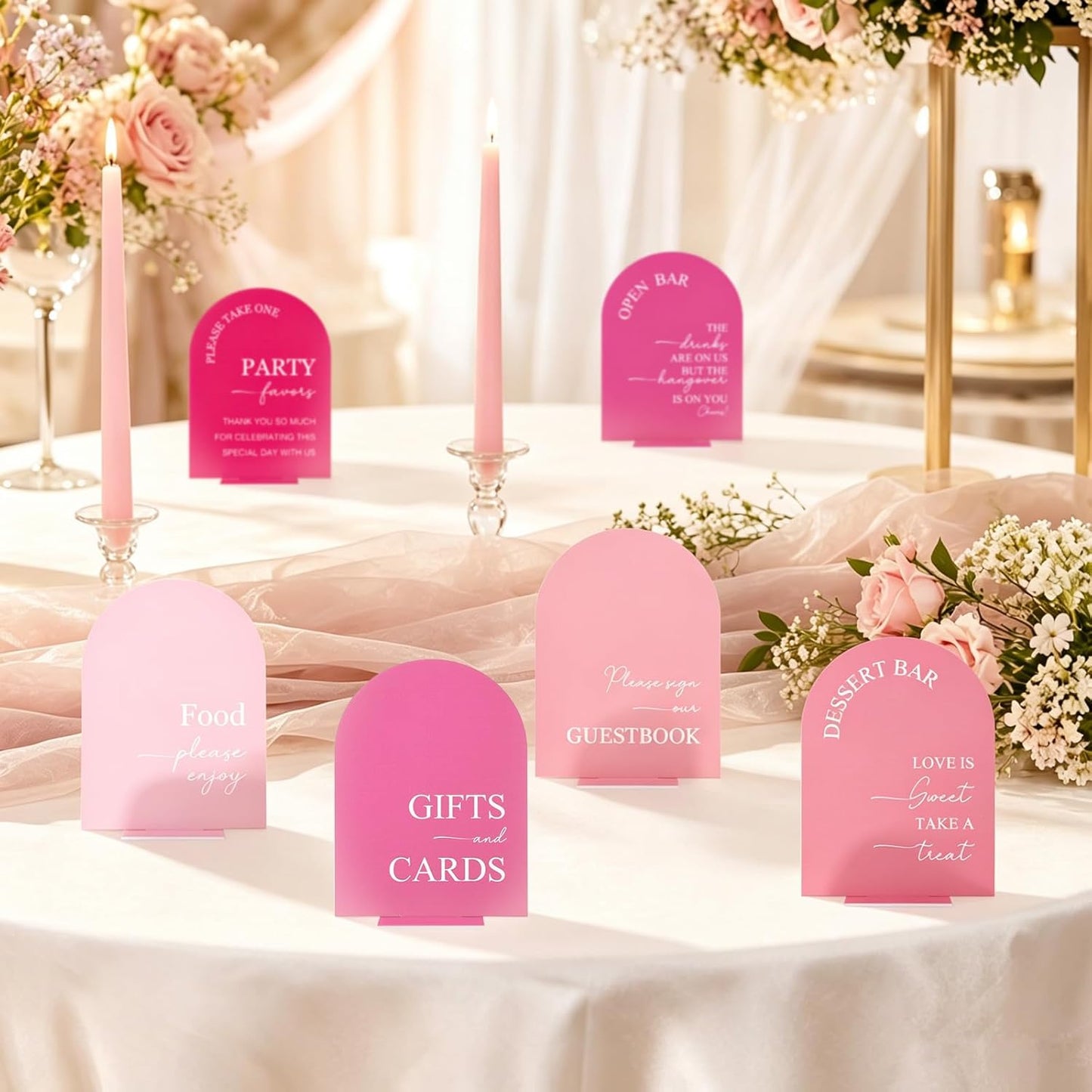 Whaline 6 Pcs Acrylic Wedding Signs 5x7" Pink Arched Table Signs with Stands for Wedding Ceremony Reception Open Bar Guest Book Dessert Bar Gifts & Cards Party Favors Food Sign