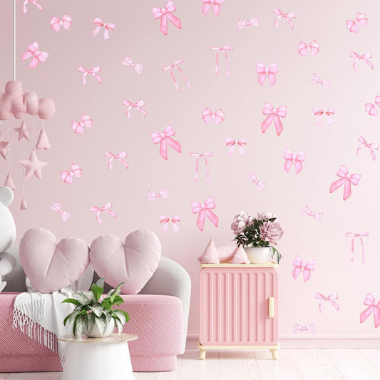 56 Pcs Pink Bow Wall Stickers, Watercolor Aesthetic Bows Wall Decals, Peel and Stick Pink Bow Decor for Walls, Bedroom