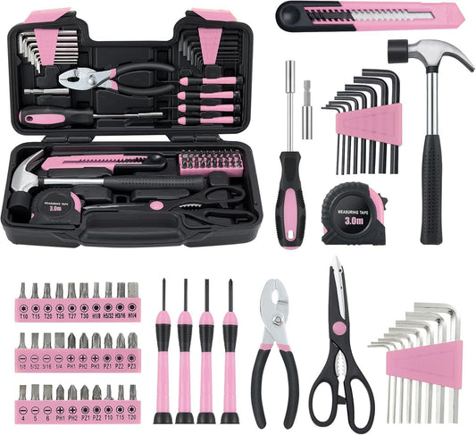 MARTCOLOR 58 Piece Household Tool Set, General Household Hand Tool Kit with Plastic Toolbox Storage Case, All Purpose Household Tool Kit for Women, Girls and Ladies, Pink