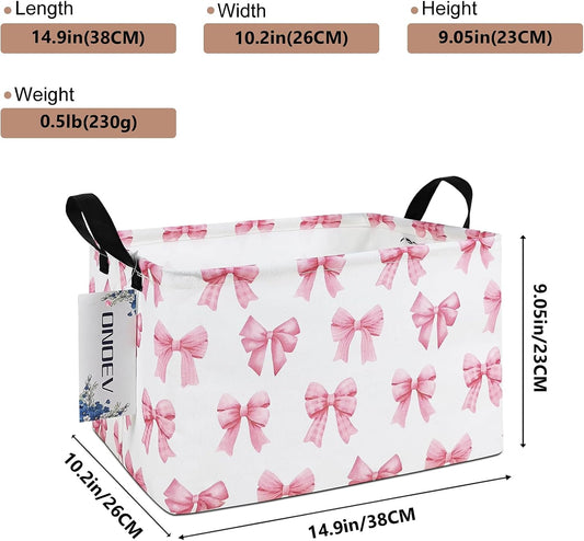 Rectangular Pink Bow Storage Basket,Collapsible Storage Bin for Nursery,Cute Bow Toy Storage Organizer for Kids Girls,for Home,Bedroom,Playroom,Closet,New Parent Gift(Pink Knot)