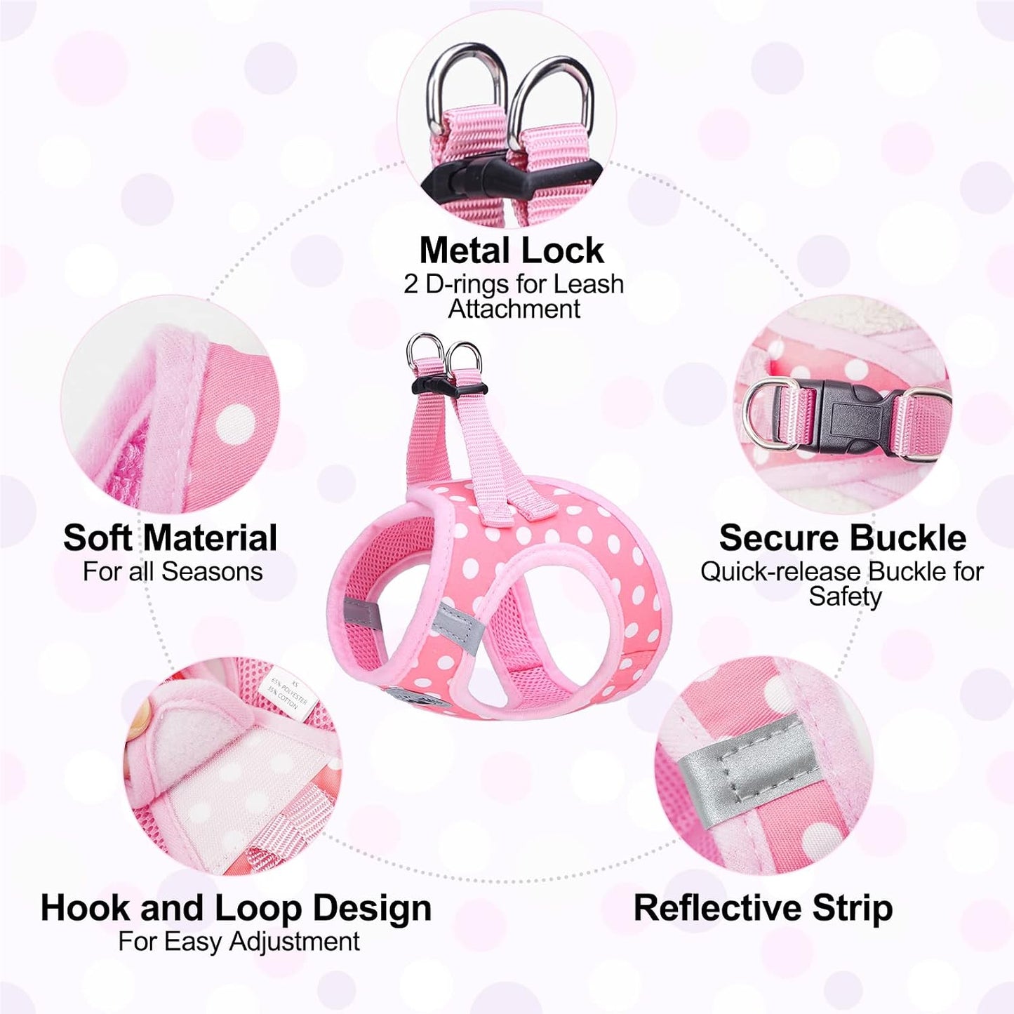 BEAUTYZOO Step in Dog Harness and Leash Set, Polka Dot Pattern Reflective Dog Harness No Pull No Choke Puppy Harness for XXS XS S Dogs Cats, Soft Padded Mesh Vest Harnesses for Girl and Boy Pets
