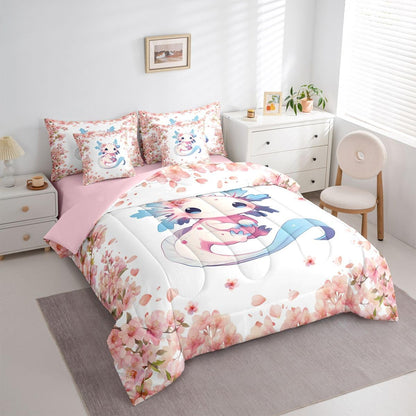 Erosebridal Blue Axolotl 7 Piece Bedding Set Twin Cartoon Salamander Animal Comforter Set with Sheets Peach Blossoms Bed in a Bag Pink Romantic Bed Sets Comforter