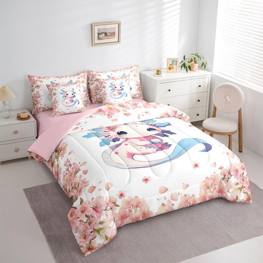 Erosebridal Blue Axolotl 7 Piece Bedding Set Twin Cartoon Salamander Animal Comforter Set with Sheets Peach Blossoms Bed in a Bag Pink Romantic Bed Sets Comforter