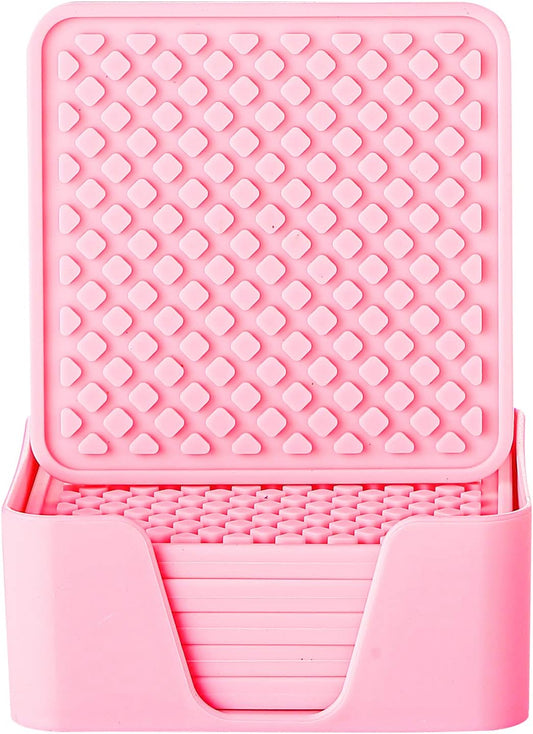 Colinda Silicone Drink Coasters with Holder, Set of 6, for Tabletop Protection and Office Desk, Cup Mat Set for Home Decor, Non-Slip and Non-Stick,Square, 4 Inch,Pink