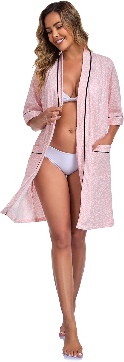 COLORFULLEAF Women's 100% Cotton Robes Summer Short Sleeve Robe Lightweight Knee Length Bathrobe Loungewear with Pockets