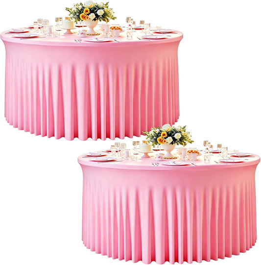 2 Pack Pink Table Cloths for 5FT Round Tables, Fitted Spandex 120 inch Round Tablecloth, Wrinkle Free Pink Table Skirt for Receptions Birthday Photography Social Events Engagement Party Decorations