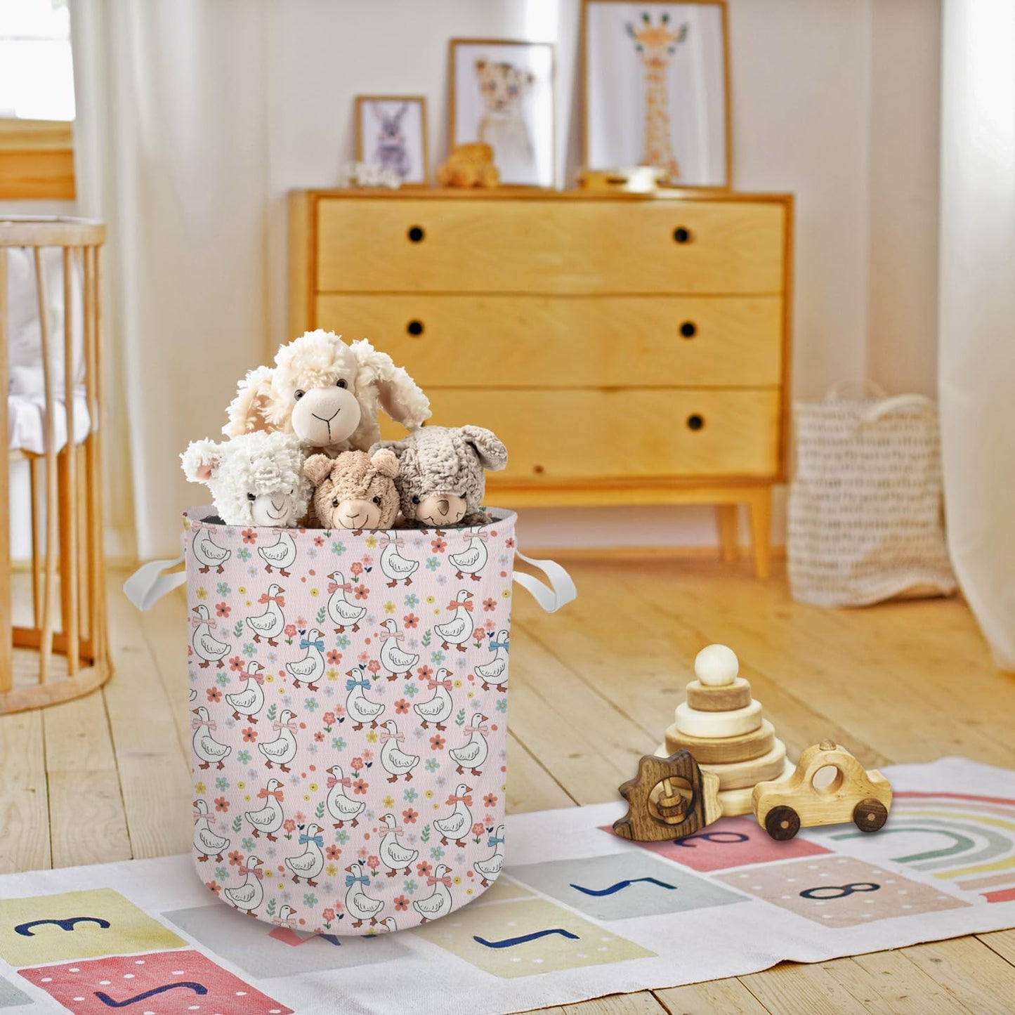 Pink Floral Goose Nursery Laundry Basket, Coquette Bow Cute Goose Laundry Basket Hamper Waterproof Collapsible Clothes Toys Storage Bin for Bedroom Bathroom Kids Room, Toybox for Girls