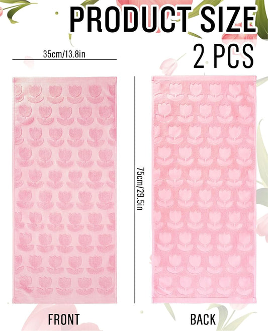 AnyDesign 2Pcs Tulip Hand Towels Jacquard Cotton Bath Towel Spring Pink Floral Flower 3D Decorative Kitchen Dish Towel for Summer Home Bathroom Kitchen Decor Gift Set, 29.5 x 13.8 Inch