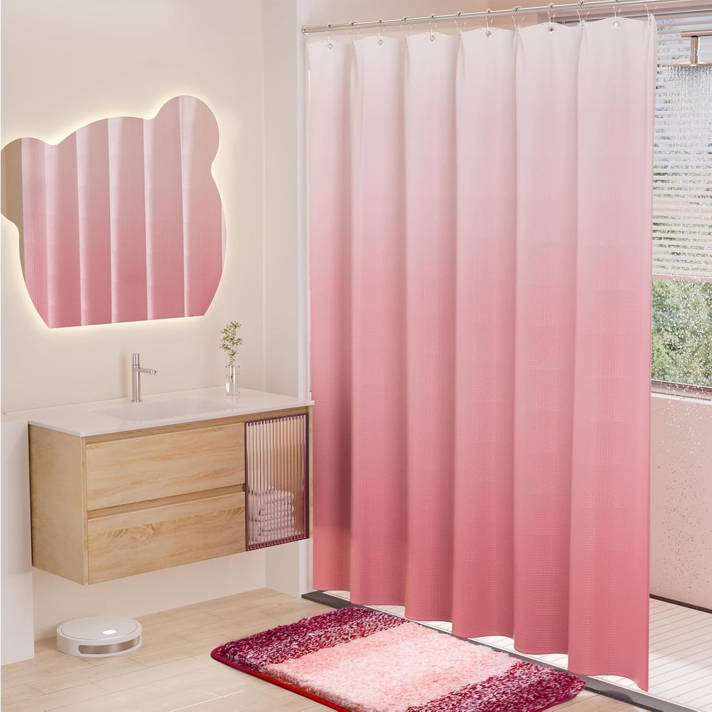 15 Pcs Shower Curtain Set Pink Bathroom Sets with Shower Curtain and Rugs Ombre Waterproof Thicken Waffle Shower Curtain with 2 Piece Non-Slip Luxury Bathroom Rugs and 12 Hooks for Bathroom Decor