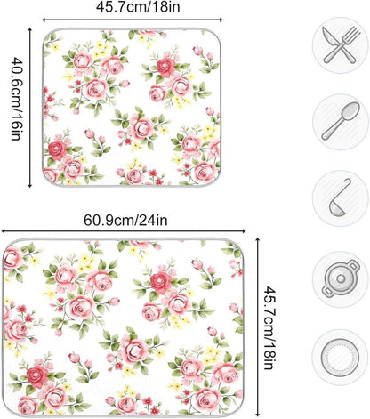 Flower Dish Drying Mat for Kitchen Counter, Pink Rose Flower Floral Drying Pad Absorbent Dishes Drainer Mats Trivet 16 x 18 Inch