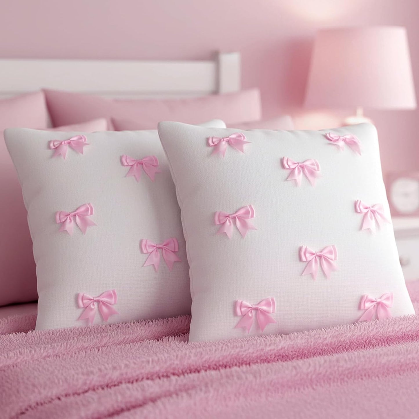 Breling Pink 2 Pack 18 x 18 Inch Hand-Sewn Bows Pillow Covers Set Valentines Day Cute Canvas Preppy Double-Layered Bowknot Pillow Case for Sofa Car Bedroom Living Room Dorm Home Aesthetic Decor
