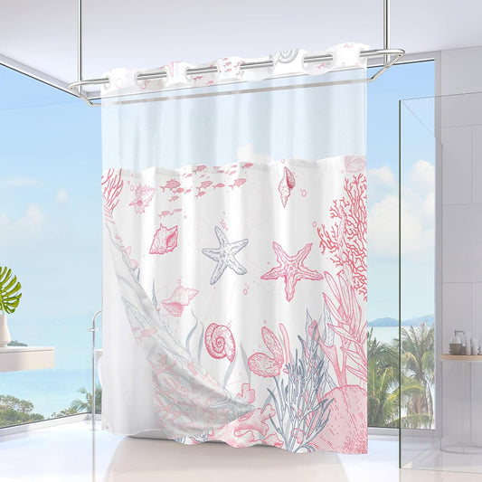 Extra Long No Hook Shower Curtain with Snap in Liner, Beach Ocean Nautical Coastal Shower Curtains and Liner Set for Bathroom, Seashell Fabric Bath Curtain, Waterproof Washable, Pink 71"x84"