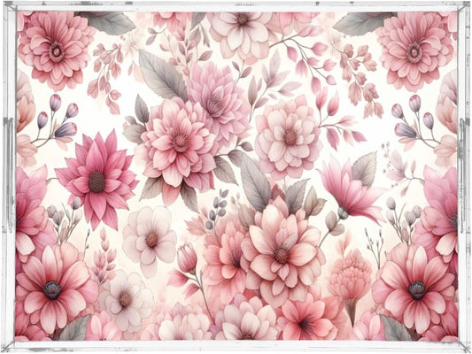 Pink Flowers Serving Tray 12" x 16" Acrylic Trays with Handles Decorative Serving Platter for Coffee, Breakfast in Bed, Dinner, Appetizers, Patio, Party