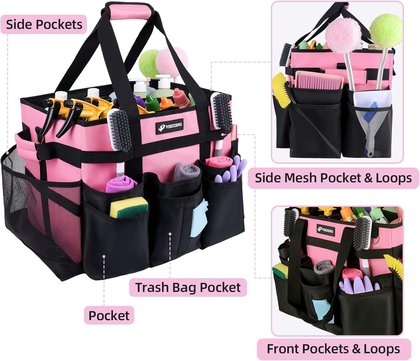 Large Rolling Cleaning Caddy Bag with Wheels, with Detachable Trolley, Cleaning Bags on Wheels for Housekeepers, Cleaning Cart Supplies Organizer for Home, Car, Picnic (Pink)