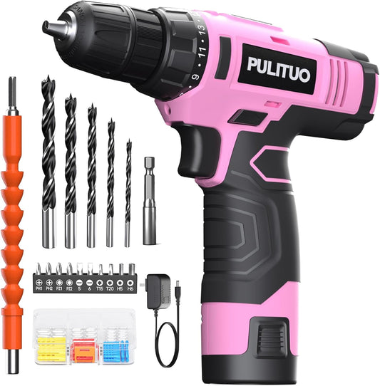 PULITUO 12V Pink Cordless Drill Set Power Drill Kit with Battery and Charger,electric drill home improvement,3/8-Inch Keyless Chuck,Built-in LED,21+1 Torque Setting