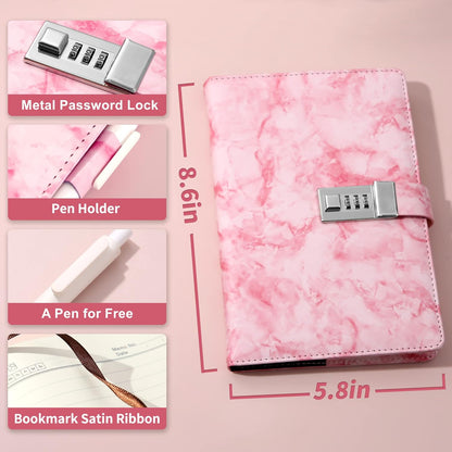 CAGIE Marble Diary with Lock for Girls and Women, Waterproof Journal with Lock 192 Pages Secret Girls Locked Diary with Pen, Password Locked Journals for Teen Girls, A5 Pink