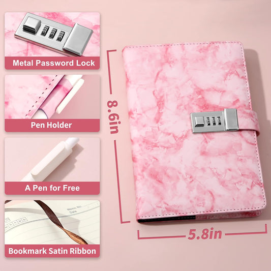 CAGIE Marble Diary with Lock for Girls and Women, Waterproof Journal with Lock 192 Pages Secret Girls Locked Diary with Pen, Password Locked Journals for Teen Girls, A5 Pink