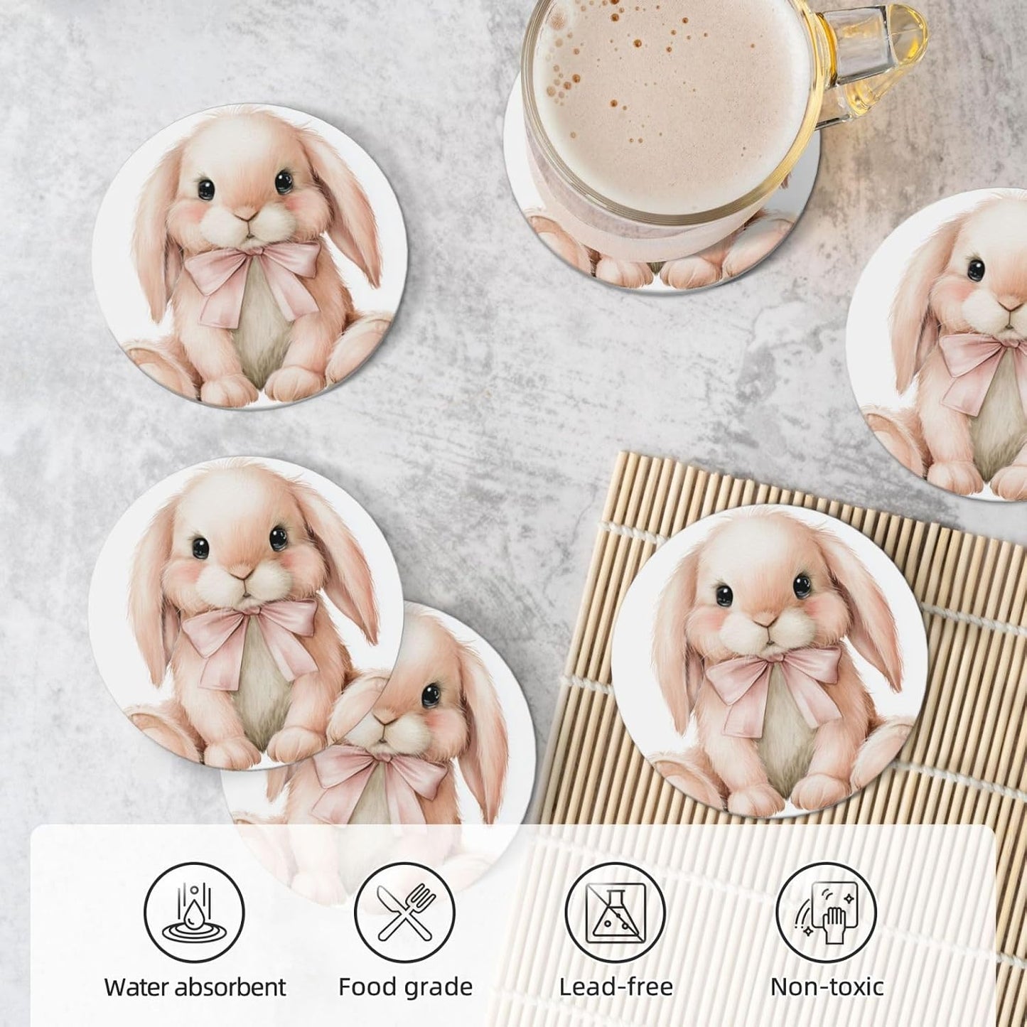 Watercolor Animal Light Pink Bunny Wearing Bow Ceramic Coasters with Holder Set of 6 Coffee Cup Drink Coasters
