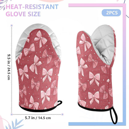Red Pink Bows Non-Slip Oven Mitts Set Heat Resistant Kitchen Gloves with Quilted Liner Cotton Machine Washable with Hanging Loop for Baking Grilling BBQ