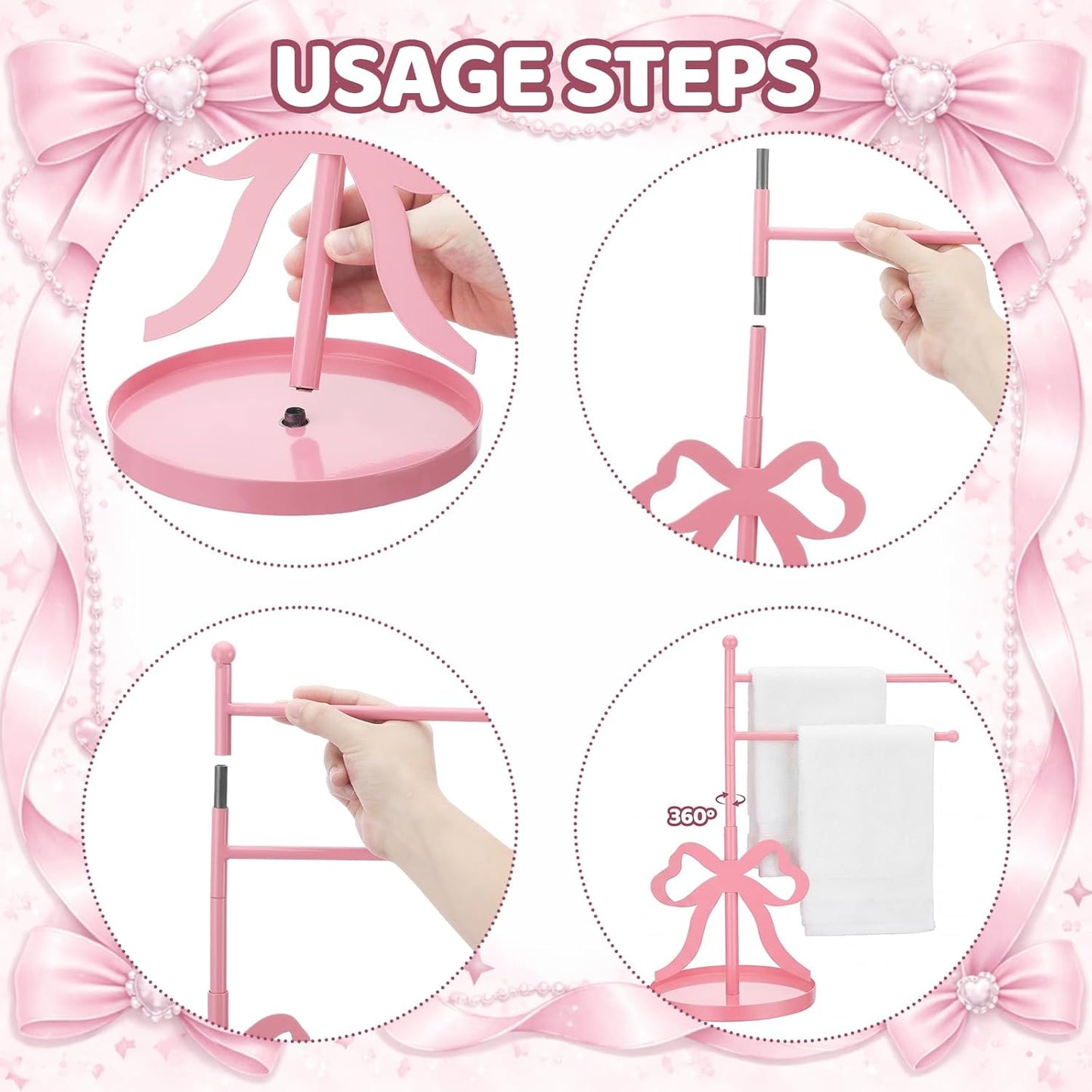 Chumia Pink Bow Towel Holder for Bathroom, F-Shape Cute Pink Hand Towel Stand with 2 Swivel Arm and Base, Coquette Jewelry Storage Standing Towels Bar for Women Girls Bathroom Kitchen Countertop