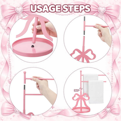 Chumia Pink Bow Towel Holder for Bathroom, F-Shape Cute Pink Hand Towel Stand with 2 Swivel Arm and Base, Coquette Jewelry Storage Standing Towels Bar for Women Girls Bathroom Kitchen Countertop